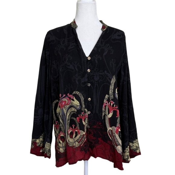 Citron Santa Monica Silk Top Button-Up Black Red Print Long Sleeve Womens Size L - Picture 1 of 5
